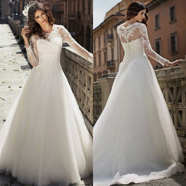 

2019 elegant long sleeves a line wedding dress sweep train covered button tulle bridal gown with lace appliques, White