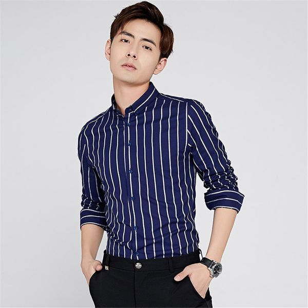 

browon 100% cotton shirt men stripe men shirt stand collar spring long sleeve slim fit clothes plus size 5xl, White;black