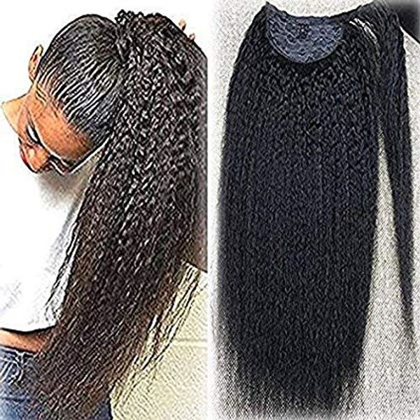

african yaki kinky straight human hair pony tail hairpiece wraps around coarse yaki straight ponytail extension 14inch 100g120g140g 1b color, Black