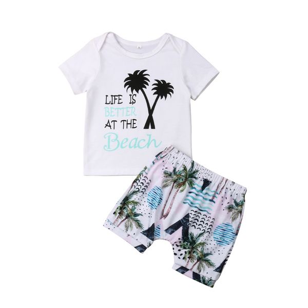 

children kids baby boys short sleeve letter printed t shirt + floral shorts clothing suit clothes outfits sets, White