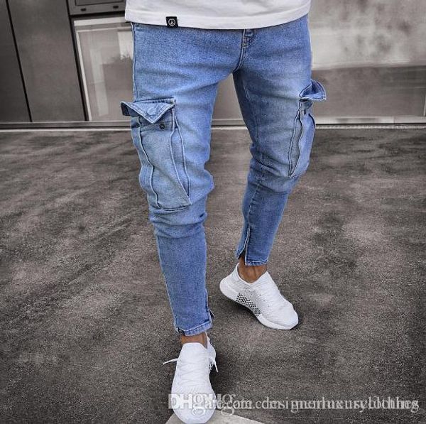 

teenage clothing jeans men designer jogger jean big pockets design pencil pants zipper biker jeans, Blue