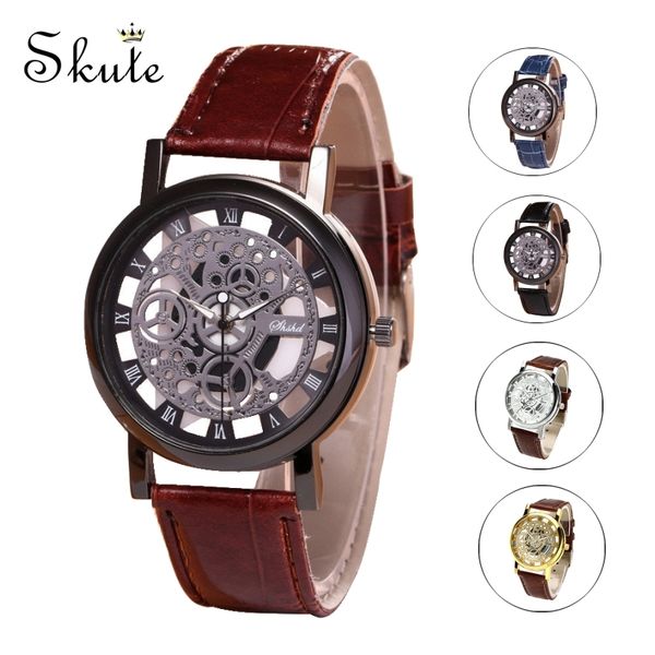 

skute fashion business skeleton watch men engraving hollow dial watches leather band quartz wristwatch women clock reloj montre, Slivery;brown