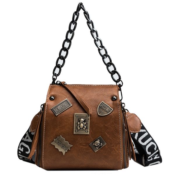 

metal badge appliques handbags chains square crossbody bags zipper vintage women handbag solid fashion letter shoulder strap bag