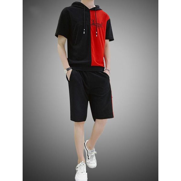 

2020 летний мужской комплект с капюшоном студенческая одежда новый повседневный лоскутный принт футболка + шорты harajuku 2 шт уличная мода, Gray