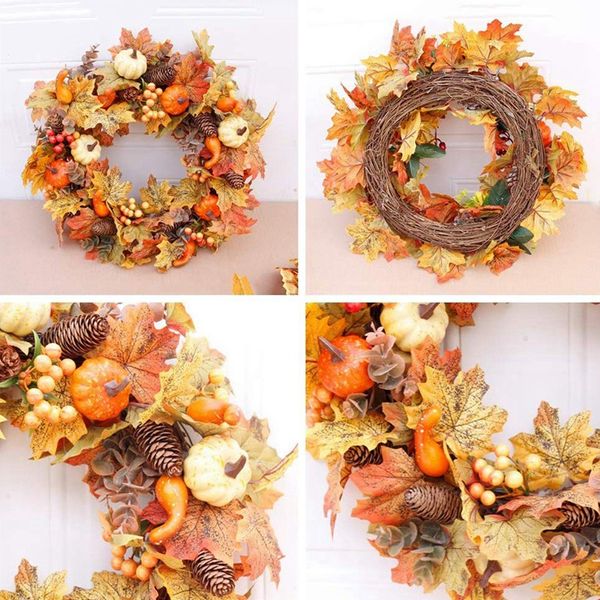 

autumn theme door wreath artificial pumpkin berries pine cone maple manmade garland cloth rattan material home decoration suppli