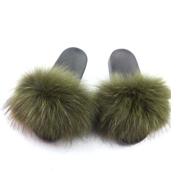 

factory wholesale fashion raccoon fur soft sandals women slippers slide natural color fur slippers, Black