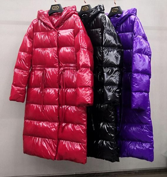 

patent leather glossy down jacket female long slim figure was thin dustproof washable bright fabric hooded duck down coat wq2539, Black