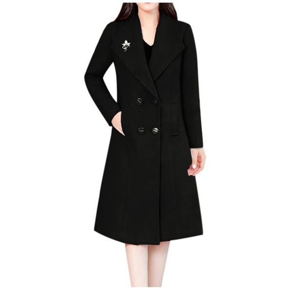 

women autumn winter fashion korea style solid color vintage long trench coat female casual double breasted office trench cloth, Black