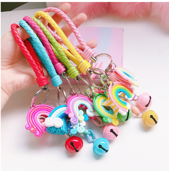 

lovely cute rainbow key chain leather strap braided rope tassel keychain for women girl bell star lollipop bag charms pendant, Silver