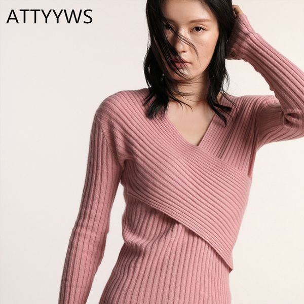 

2019 new high-grade cashmere sweater slim fashion v-neck long-sleeved knit draw women's sweater short brand attyyws pullover, White;black