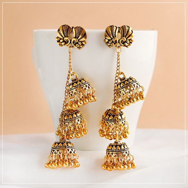 

women's vintage gold peacock jhumka earrings turkish ethnic carved bells long tassel drop earring tribal gypsy jewelry, Silver