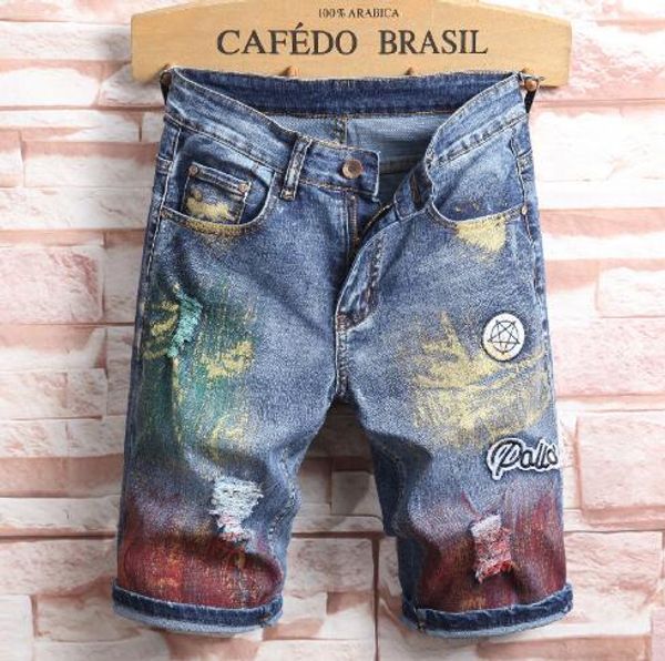 

fashion-2019 mens jeans broken hole embroidered flower denim shorts mens slim straight spray painted pants ing, Blue