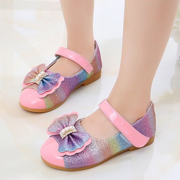 

Babu Girl's Butterfly Rainbow Princess Shoes Children Kids Bling Single Shoes Girls Pearl Bowknot Hook Strap Casual Flat Shoes