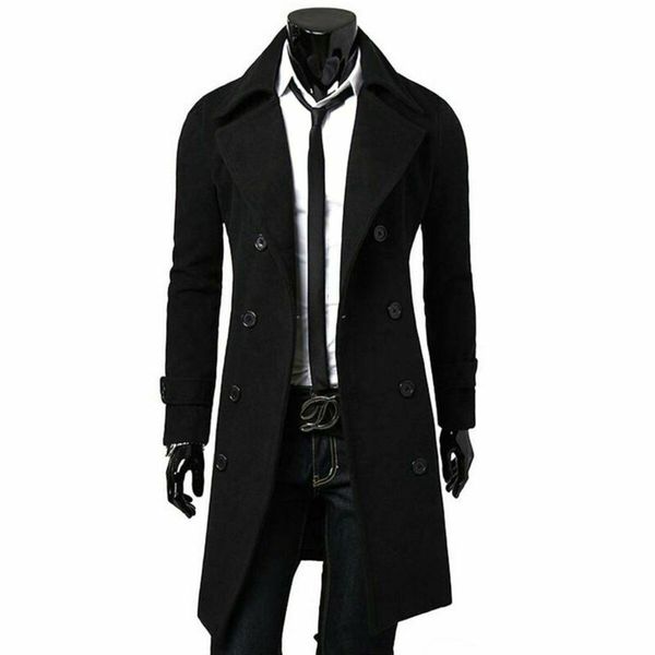 

winter men's trench coat warm thicken jacket woolen peacoat long overcoat formal business, Black