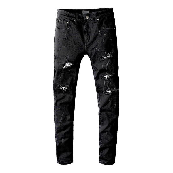 

mens amiri jeans дизайнер мужские джинсы проблемные разорвал байкер slim fit мотоцикл байкер denim arn29 для мужчин хип-хоп черный узкие джи, Blue