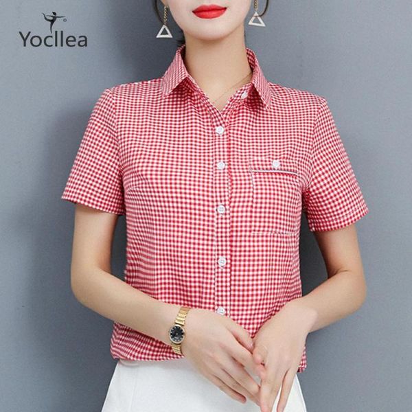 

летний плед короткий рукав рубашки блузки женские 2020 новый элегантный моды офиса дамы рубашки топы blusas feminina, White