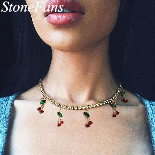 

stonefans gold charm tennis chain cherry necklace pendant for women bling fashion crystal rhinestone choker necklaces jewelry, Golden;silver
