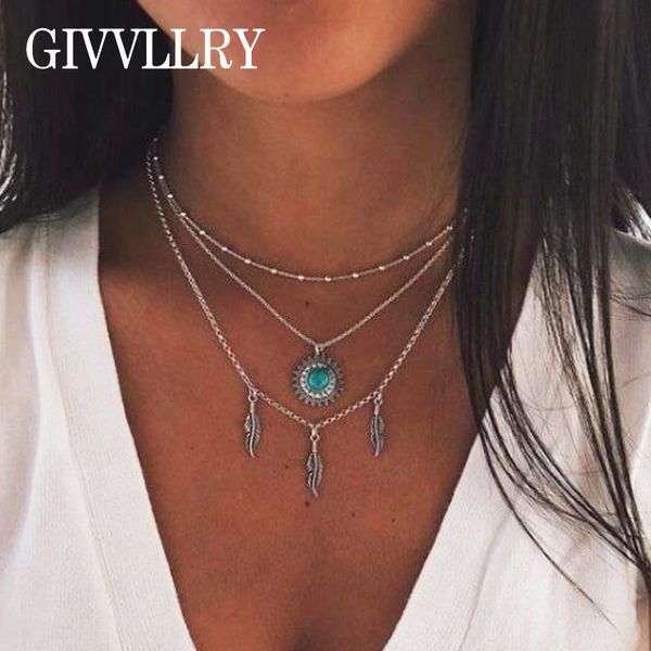

givvllry bohemian triple layered chain necklace for women vintage sun feather tassel pendant necklace fashion boho jewelry, Silver