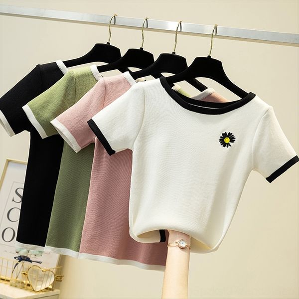 

2020 летней одежды маргаритки вышивки коротких рукавов случайных половин рукавов сверху вокруг шее короткого льда шелка t- женского вязаной, White