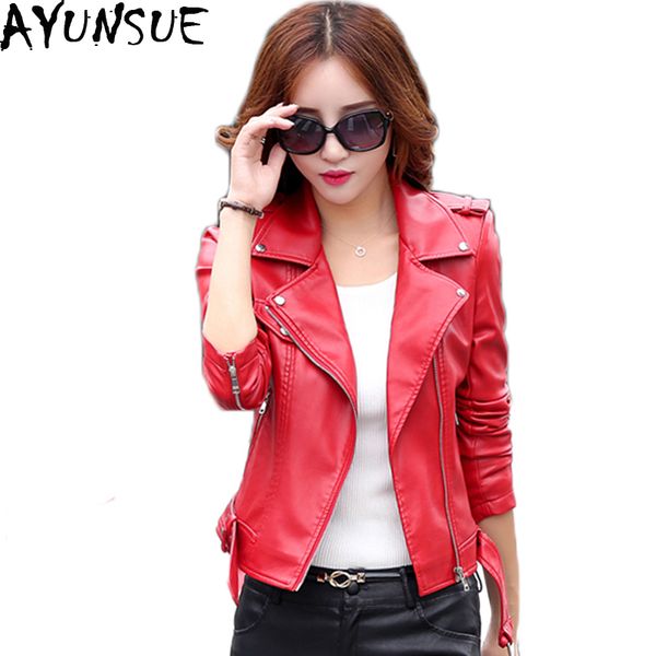 

ayunsue coats for women 2016 new plus szie 3xl locomotive laple jackets female short slim pu red leather jacket windproof lx558, Black
