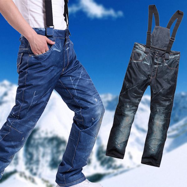 

2016 men's snowboard pants suspenders jean denim ski pants men skiing and snowboarding snow protection