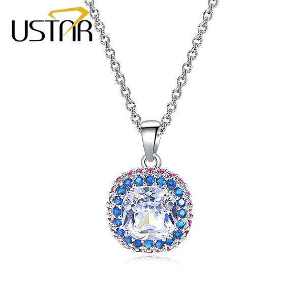 

ustar square cubic zirconia pendant necklaces for women multicolor crystals silver color chain necklace 2020 collars jewelry