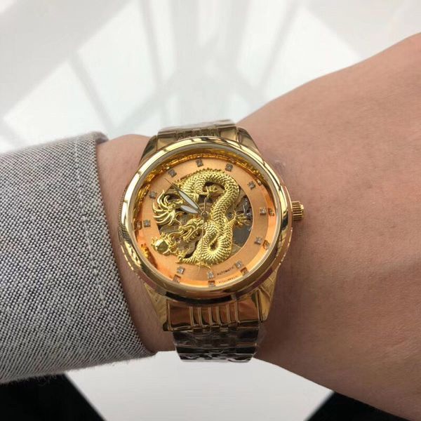 

новые мужские часы мода карвинга китайских дракона 42ммы алмазов набрать золото полного диапазона нержавеющей стали автоматические механичес, Slivery;brown