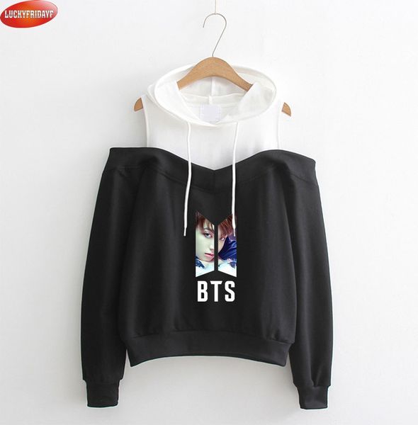 

bts love yourself fashion kpop hoodies women long sleeve off-shoulder hooded sweatshirt streetwear hooded clothes, Black