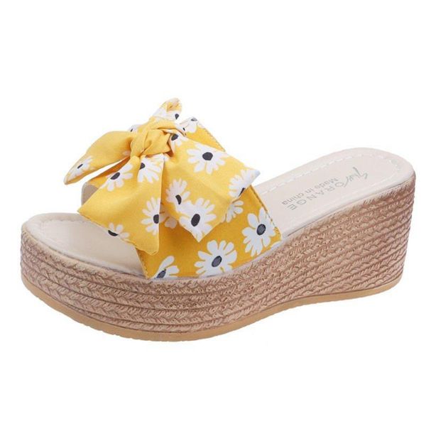 

slippers doratasia women open toe butterfly knot slip on wedges shoes 2021 straw heel fashion, Black