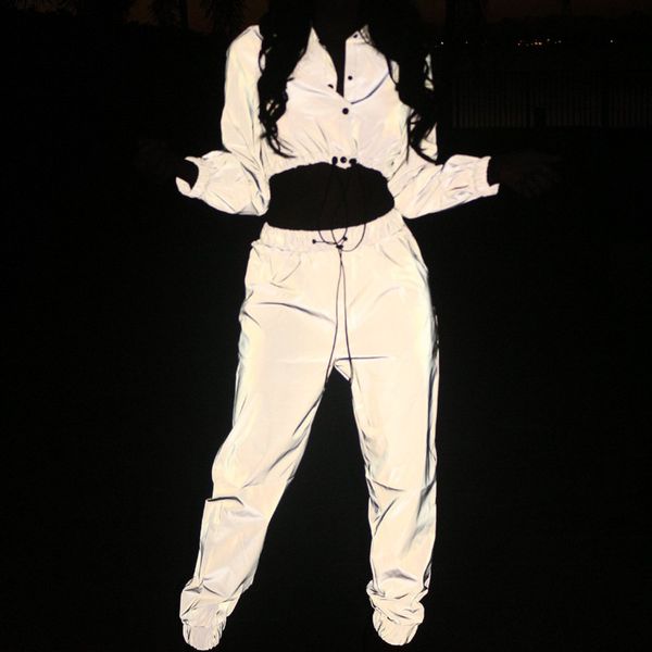 

women reflective tracksuit night version buttons crop + casual pants two piece set turn down collar long sleeve 2019, White