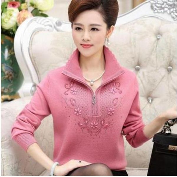 

2019autumn winter mother zipper blusa tricot suit middle-aged women knitting thick warm sweater female loose jumper s1183, White;black
