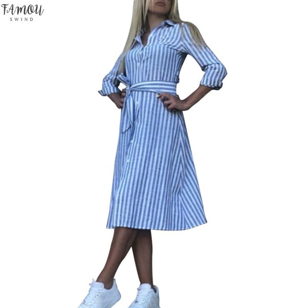 

women's fashion lapel white and blue striped button with belt shirt dress casual summer simple casual beach dress, Black;gray