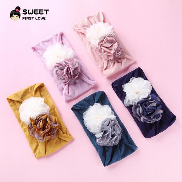 

boutique infant hair accessories super soft baby girl nylon headband newborn summer thin stretchy tulle camellia flower pgraphy 2019, Slivery;white