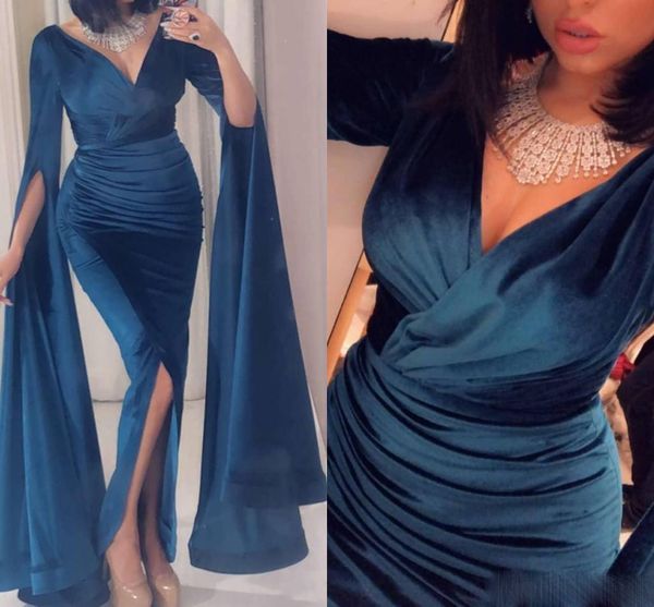 

mermaid prom dresses deep v-neck velvet long sleeves evening gowns front split pleats formal party dress vestidos ogstuff, Black;red