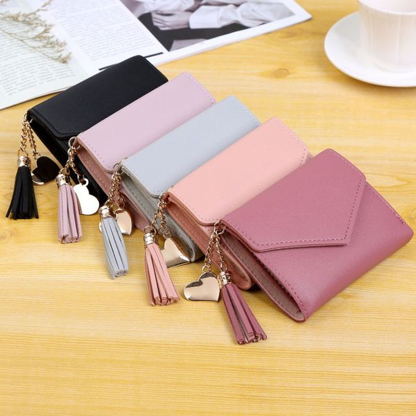 

multi-functional women's short tassel purse school style pendant card bag large capacity clasp zero purse solid color, Red;black