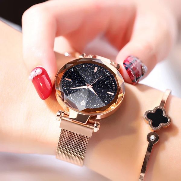 

2019 women watches fashion luxury magnetic buckle stainless steel strap refractive surface luminous dial quartz watch, Slivery;brown