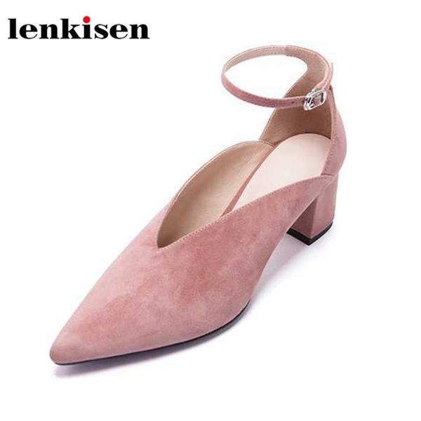 

lenkisen new spring summer kid suede gentlewomen party wear pointed toe high thick square heels buckle straps fashion pumps l3f1, Black