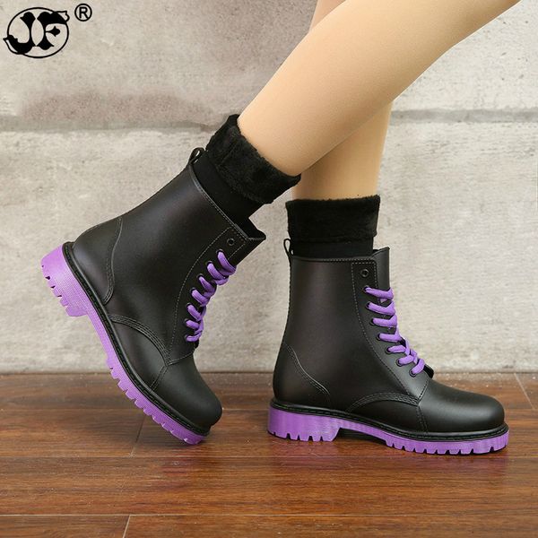 

2019 rain boots waterproof shoes woman water rubber lace up boots sewing solid flat with shoes ghn86, Black