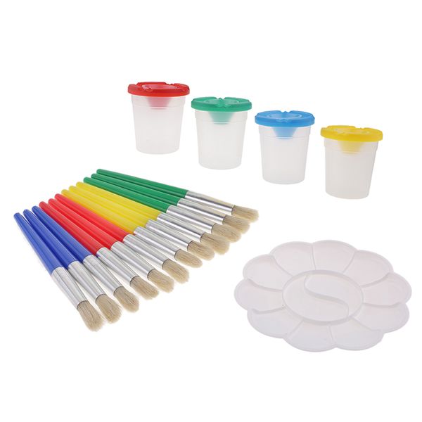

4 pieces spill proof paint cups in 4 colors and 12 pieces color-matched paint brushes kit with plastic palette for kids toddlers children