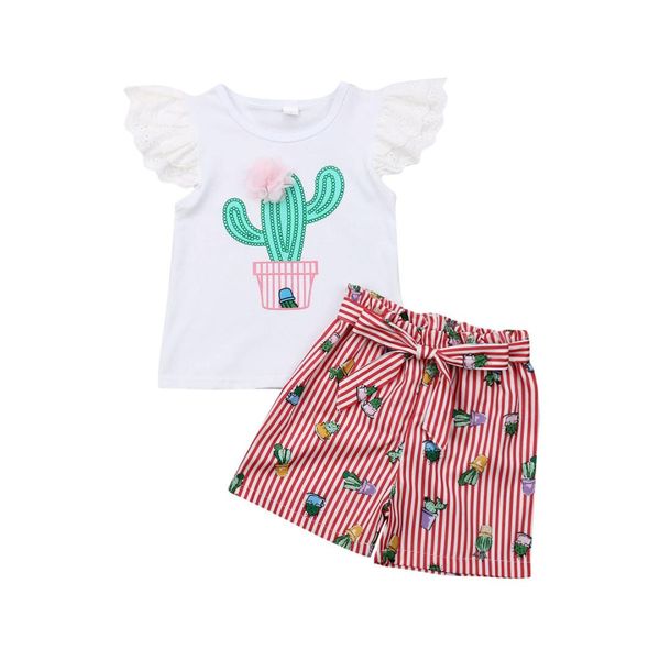 

summer toddler baby girl clothes sets 1-5y lace cactus pink stripe short pants outfits, White