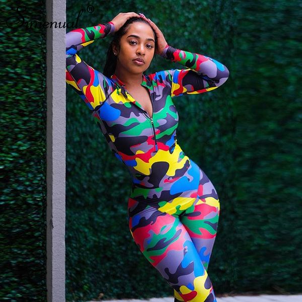 

simenual camouflage fitness sporty active wear rompers womens jumpsuit zipper v neck long sleeve fashion casual autumn jumpsuits, Black;white