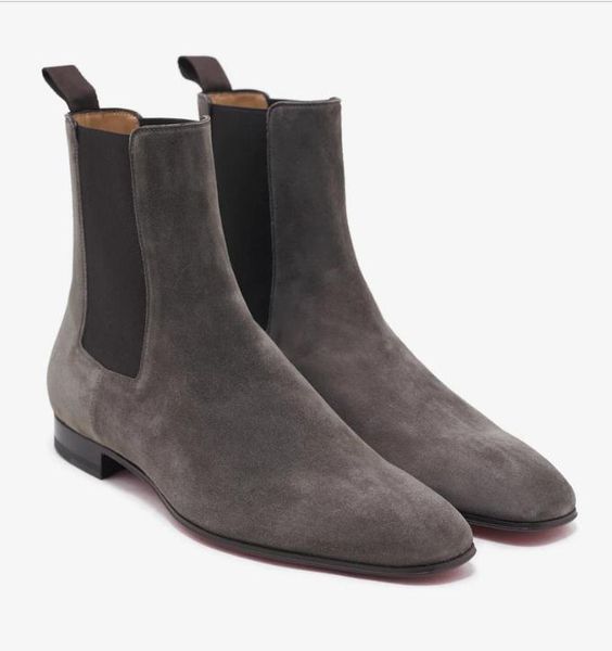 

men's short boots brand red bottom roadie flat for men ankle boots black/brown/grey suede matte genuine leather slip on boots ship