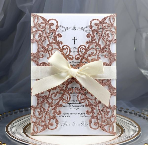 2019 gold glitter luxury rose gold rsvp invitation cards with beige ribbon for wedding bridal shower engagement birthday business graduation hindu make rsvp cards online