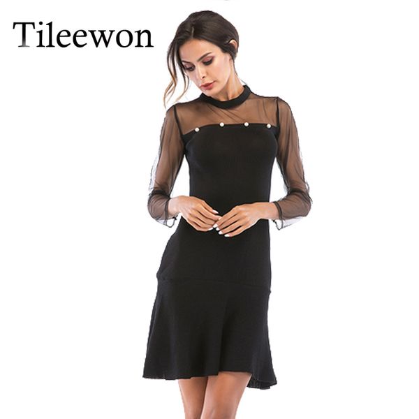 

2019 vintage autumn women streetwear dress solid pearl mesh long sleeve ruffles dress female elegant party black dresses, Black;gray