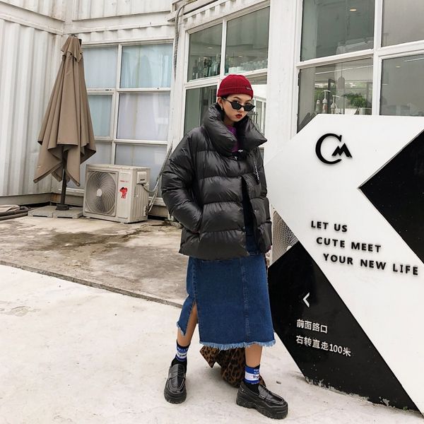 

jasmine with thick and warm bf letters, drawstring lapel, solid color and thick cotton coat parkas, Black