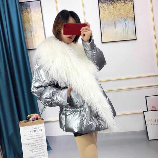 

real mongolia sheep fur collar 2019 women's white duck down jacket thick warm winter coat women female down parka, Black