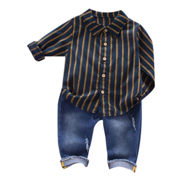 

2 pcs/sets clothing long sleeve stripe shirt denim pants trouser set casual suit toddler boy outfit suits clothes hot, White
