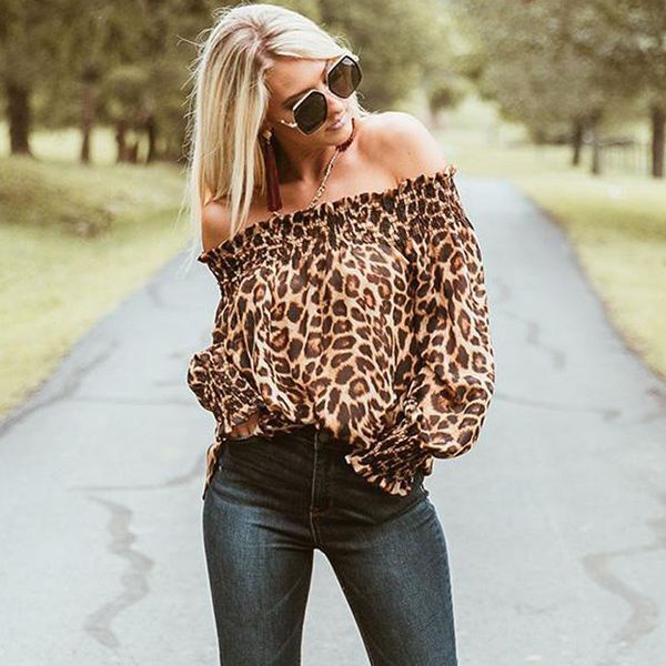 

womens off shoulder blouse women leopard print long sleeve blouse ladies and blouses 2018 puff sleeve blouses, White