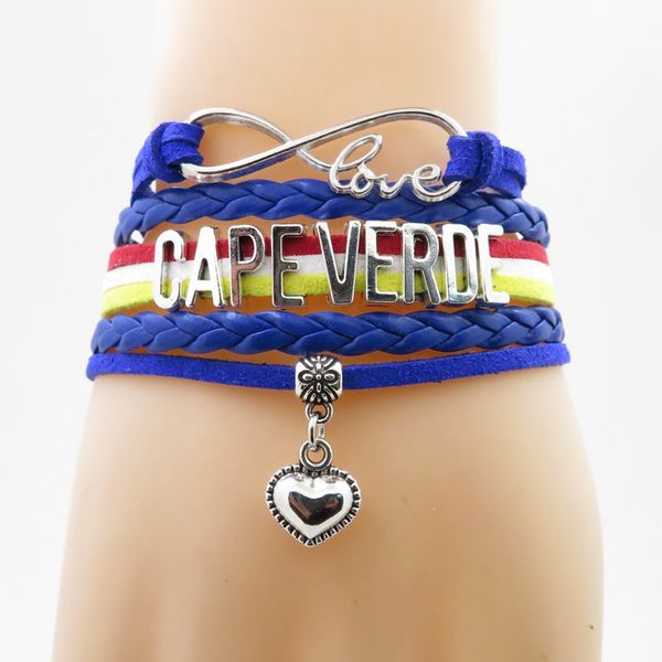 

infinity love cape verde bracelet country cape verde flag bracelet heart charm leather wrap bracelet & bangle for woman and man, Golden;silver