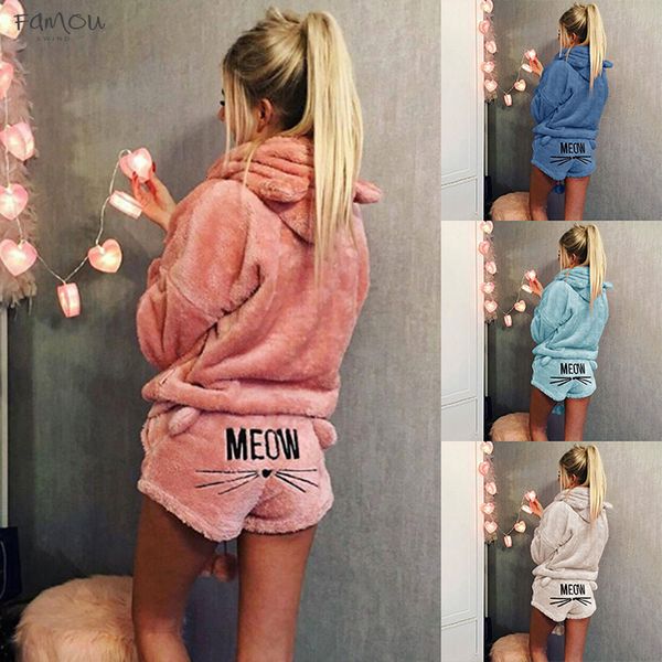 

Pajamas Set Women Autumn Winter Warm Pyjamas Letter Women Fleece Pijamas Sleepwear Femme Sexy Lingerie Cat Pijama Mujer Homewear